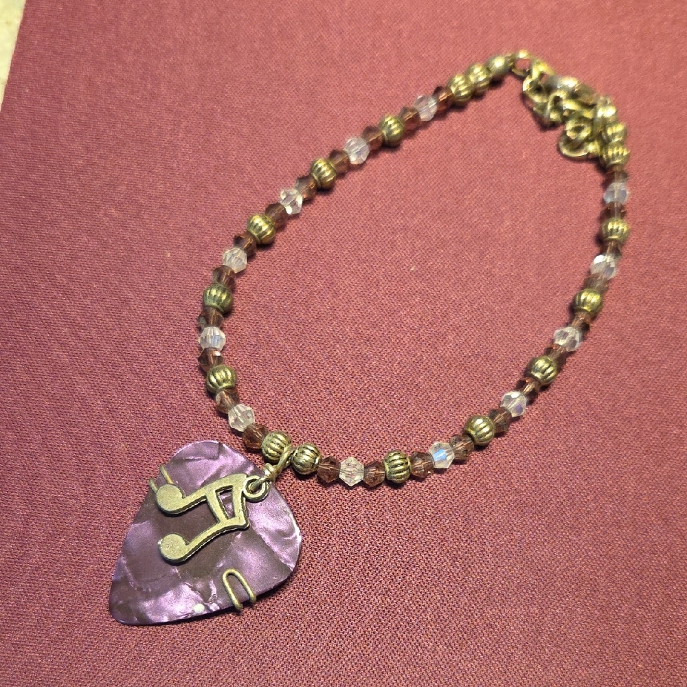 Purple Beaded Bracelet with Gold-Tone Musical Pick Pendant - Women Jewelry